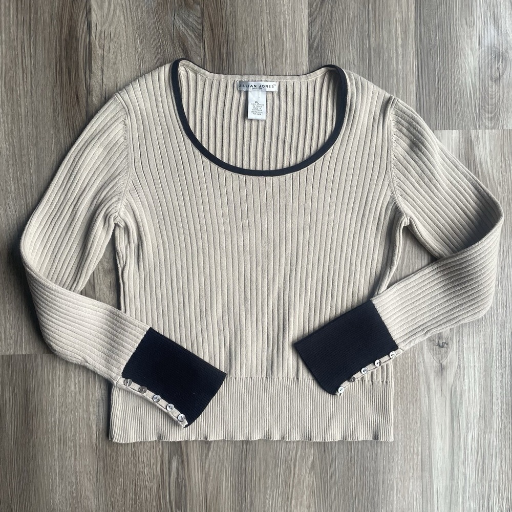 Vintage Jillian Jones Beige Ribbed Lightweight Long Sleeve Button Cuff Top Sz L